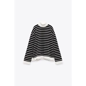 Zara Black White Striped Rib Trim Long Sleeve Mock Neck Pullover Sweater (NWT)